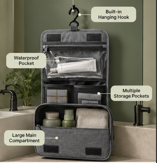 Portable Toiletry Washbag with Hanging Hook Waterproof Women Bathroom Cosmetic Storage Bag Large Capacity Travel Men Makeup Case